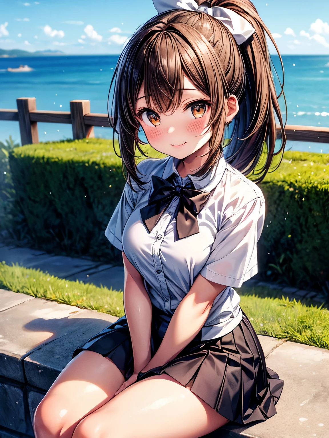 very cute and beautiful girl,(highly detailed beautiful face and eyes:1.2), (smile),blush,white school blouse,ribbon,pleated plaid mini skirt, sitting,(spread legs,white panties),dynamic angle,looking at viewer,black hair,flower garden,grassland,distant ocean background, (best quality,masterpiece:1.2),absurdres,highres,ultra-detailed,extremely detailed,32k,8k resolution, intricate details,cinematic scene,detailed background,solo,dynamic angle, hair fluttering in the wind,beautiful detailed sky,