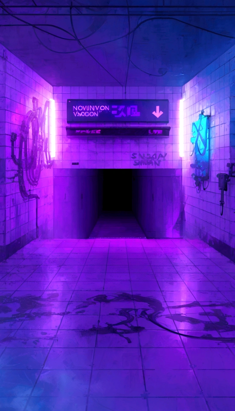 Purple and blue graffiti on a wall in a subway station, Ultraviolet and neon colors, Neon basement, Steam wave lighting, A street illuminated in purple, Vapor wave lights, Purple volumetric lighting, Purple neon light, Lined with neon tube lights, Dark neon cyberpunk atmosphere, Steam wave lighting style, Purple neon light, Black aesthetic, Cyberpunk aesthetic, Highly realistic cyberpunk style