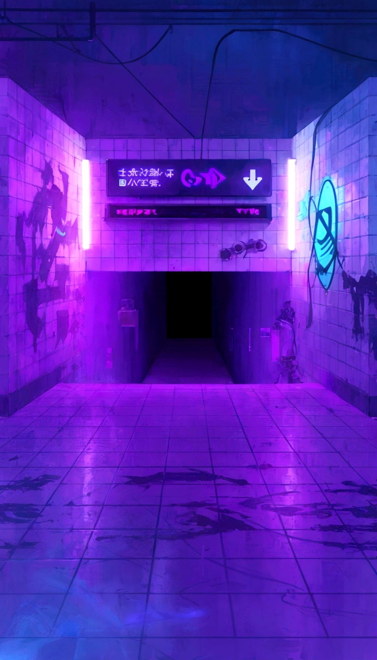 Purple and blue graffiti on a wall in a subway station, Ultraviolet and neon colors, Neon basement, Steam wave lighting, A street illuminated in purple, Vapor wave lights, Purple volumetric lighting, Purple neon light, Lined with neon tube lights, Dark neon cyberpunk atmosphere, Steam wave lighting style, Purple neon light, Black aesthetic, Cyberpunk aesthetic, Highly realistic cyberpunk style