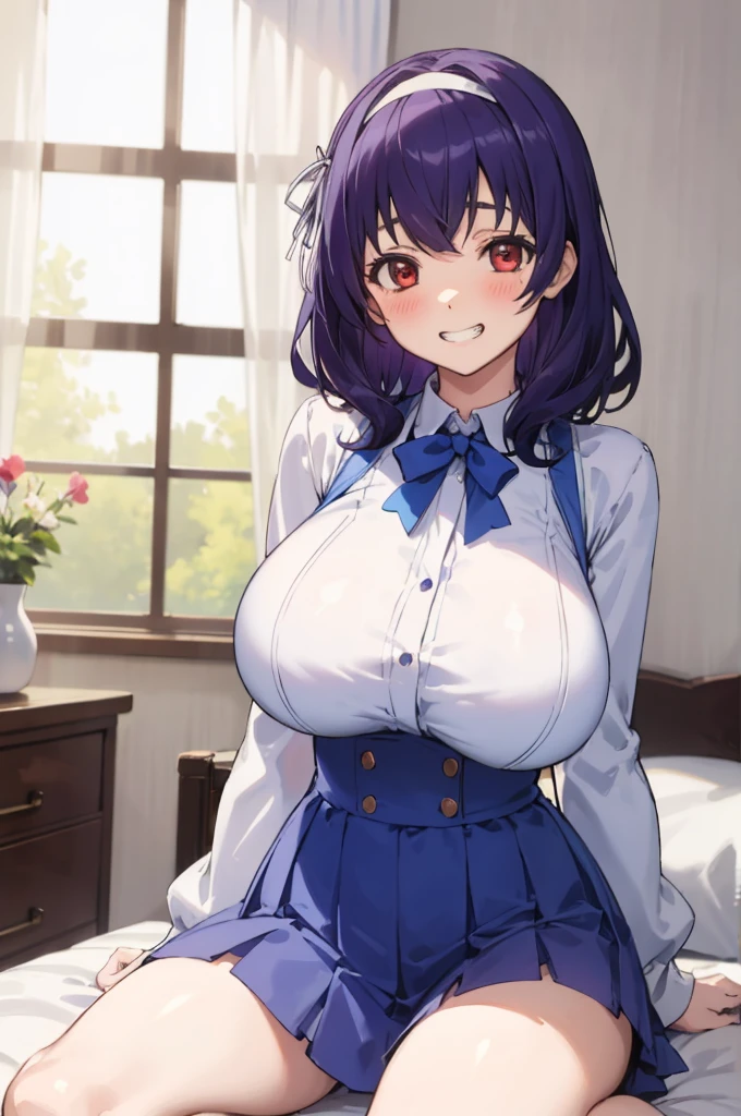 masterpiece, best quality, highres,absurdres,ray_tracing,intricate details,depth of field, extremely delicate and beautiful,4k,1girl,cowboy shot, looking at viewer,
yamanobe tomo, purple hair, red eyes, medium hair, , hairband, long sleeves, blue skirt, high waist skirt,
my room,(((huge breasts))), curvy,sit on bed,,grin,blush,open legs,spread legs