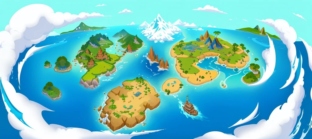 Cartoon illustration of a world map with many islands, Island Background, Mobile Game Art, Map of the fantasy world, Game Map, Isometric 3d fantasy island, Fantasy world concept, Stylized game art, game illustration, flying islandss, flying islands, Isometric Game Art, Mobile game background, Isometric 2D Game Art, Isometric map