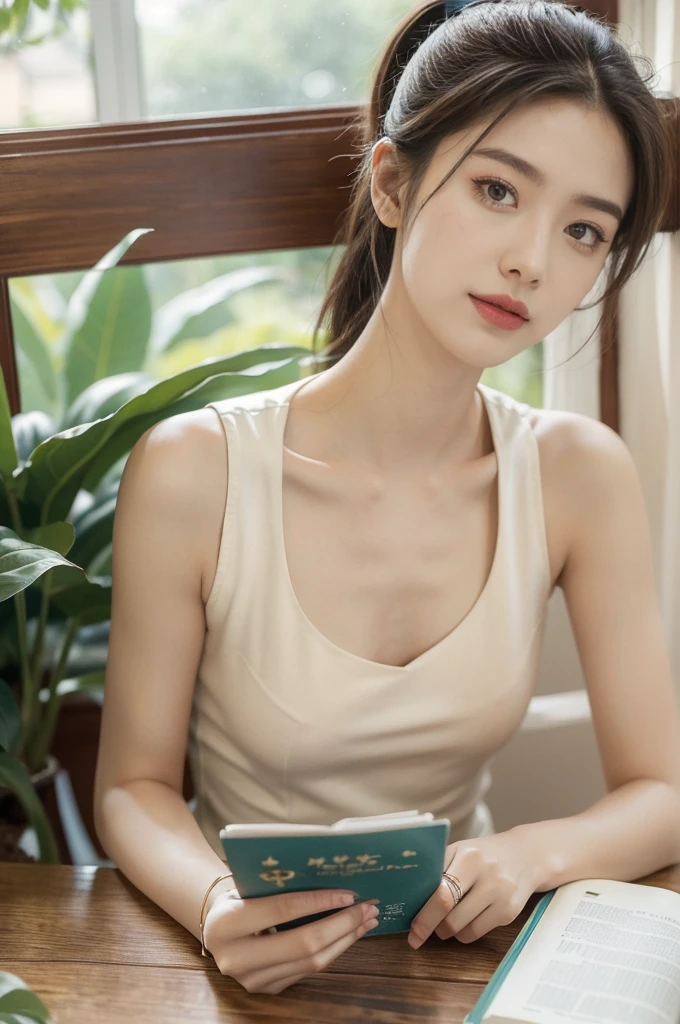 (((best quality))),(((ultra detailed))),(((masterpiece))),illustration,((1 beautiful girl, college student,solo)),((slim,thin,small breasts,flat chest)),(short ponytail:1.2),(sleeveless shirt:1.2), studying, books, dormitory, summer afternoon, sky, gloomy shadow, bed, wooden desk, bookshelf, soft warm light, lamp, gentle glow, almond-shaped eyes, textbooks, daydreaming, beach, cities, vacation, smile, pen, highlighting, notebook, dates, stretching legs, cushion, portable fan, soothing breeze, summer heat, herbal tea, thirst, potted plants, greenery, vibrant leaves, cozy atmosphere, determined expression, excel exams, summer break, intelligence, determination, achieve goals,((from front,upper body))