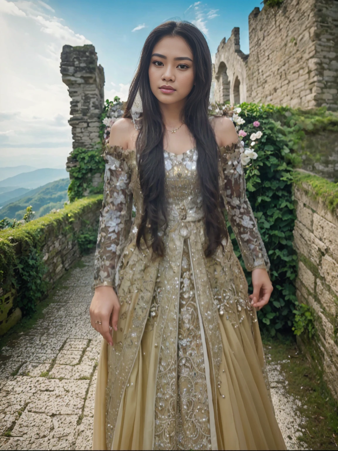 high quality, best quality, photo-realistic, raw-photo, ultra-detailed, High definition, masterpiece, intricate details, detailed texture, finely detailed, portrait of a woman from Indonesia, wearing a gold wedding gown, long black hair, blow hairstyle