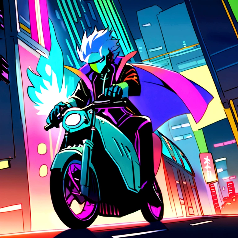 A cyberpunk cowboy riding in the middle of the city
