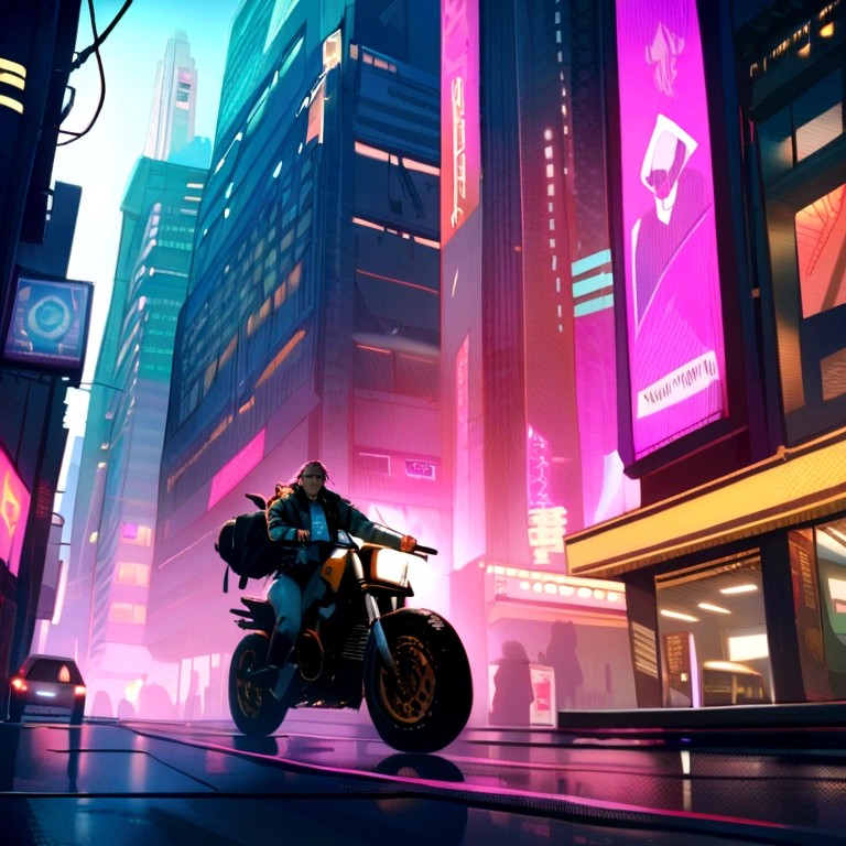 A cyberpunk cowboy riding in the middle of the city