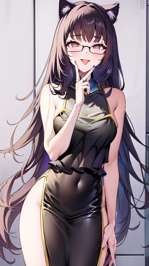 A 20-year-old cat girl with long black hair, gray eyes, bust, wears glasses, and a thigh-length black evening dress. Stick out your tongue