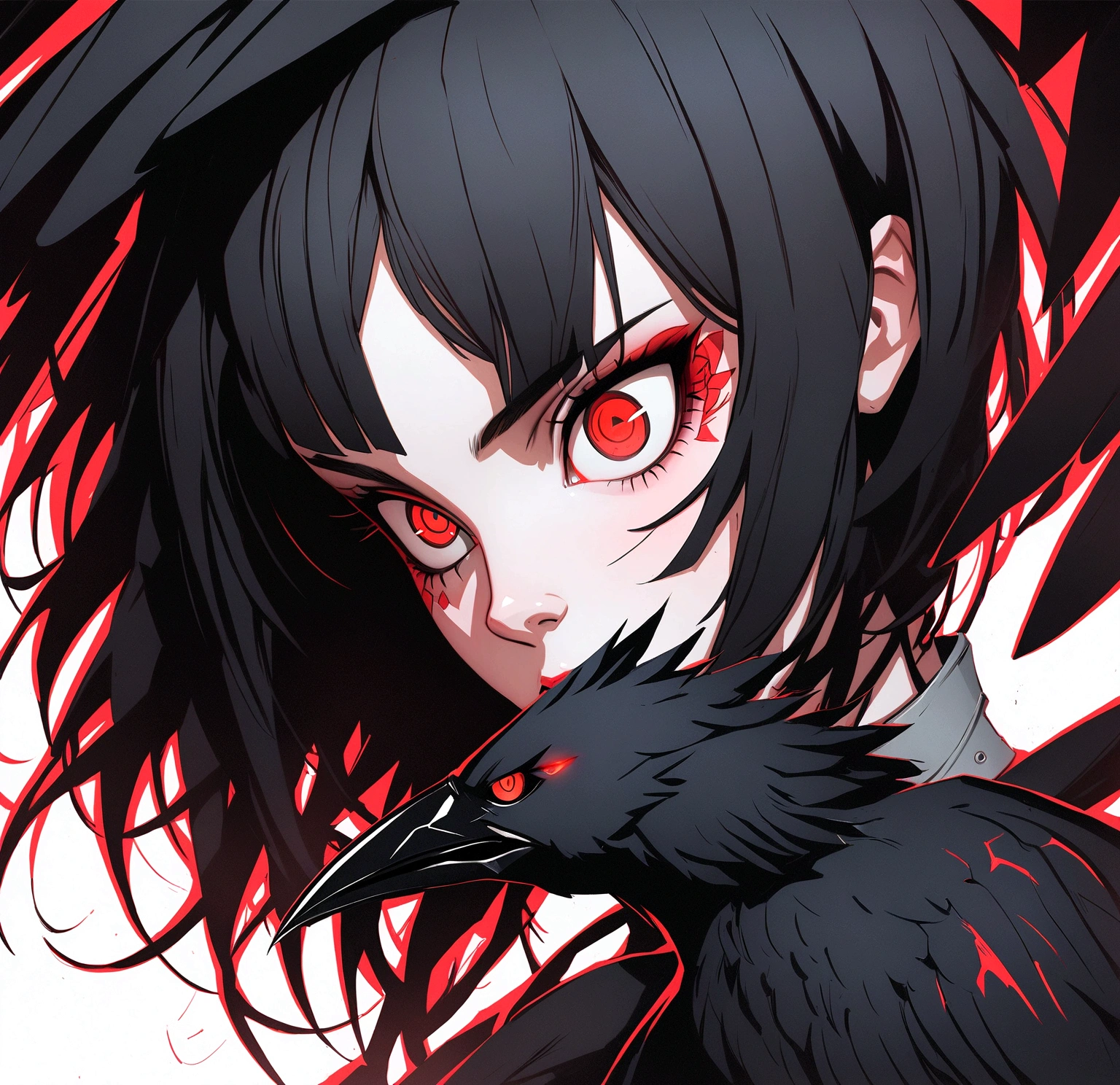 anime girl with red eyes and black hair holding a black bird, portrait of raven, artgerm and atey ghailan, alena aenami and artgerm, red-eyed, red - eyed, dark crow, detailed digital anime art, raven, artgerm and ilya kuvshinov, with red glowing eyes
