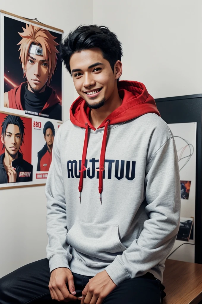 "Create a anime boy who have a mature looking like a man facing in front he is a YouTube content creator, sitting in his studio with futuristic gadgets, and there is mic near him, wearing red hoodie, smiling, and there is 2 posters of naruto in his room"