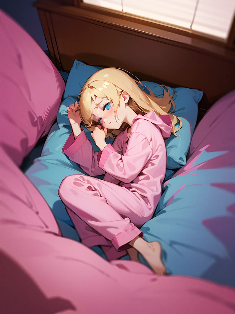 an adult girl, Blonde, blue eyes, pink pajamas, in his bed about to sleep, with eyes closed and crying, in a night environment