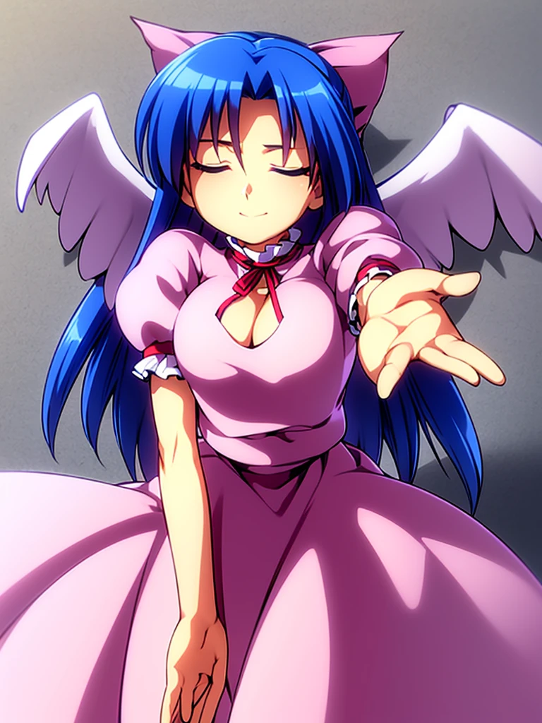 masterpiece, best quality, 1girl, , , 10 years old, medium blue hair, hair flaps, pink ribbon on head, well-formed face, blue eyes, angel girl, white blouse, puffy short sleeves, red ribbon, angel wings, long white skirt, red shoes, frills, ribbon head, from behind, to lift up one’s skirt, cowboy shot, from front, standing , raise one leg, crossed arms, arms up behind, arms behind back, hand between legs, put hands hip, one hand on hip, forward hands, arms raised in the air, punch hands, peace sign, waving, put up index finger, sit, lie down, closed eyes, lie face down, looking back, put one hand chest, leaning forward, cleavage, close up, horizontally outstretched arms, horizontally outstretched legs, front view, front face