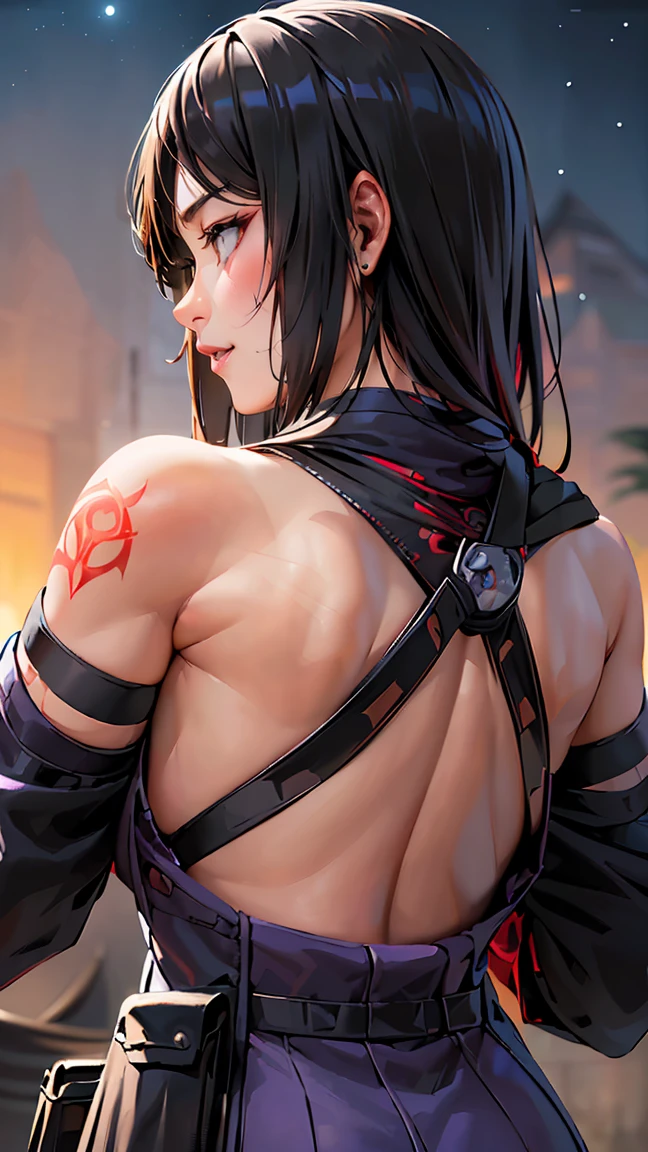 ((Seductive Ninja Woman:1.6))、(Long black hair、Purple Eyes)、((tight black and red ninja outfit、Exposed shoulders and back、Ninja Tool Pouch、Toned figure))、Confident expression、Fighting pose with kunai、Moonlit night view of Konohagakure Village、Realistic anime style, ((Public tattoo on the back, glowing tattoo)), Aurora-like light all around