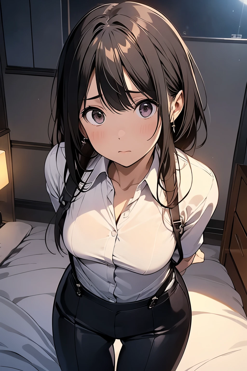 1 female, , high quality, masterpiece, Ultra-high resolution, , Cinema Lighting, , , And the suspenders with the cranes flying Moderate breasts Small face holster Lying in bed Looking up Sweat belt summer 脇Sweat Black Hole Gloves suit shirt Black jacket Black trousers Leg Links ズボンにbelt holster Hands behind your back Anxious expression Looking up Anxious face, legs apart Spread your legs wide