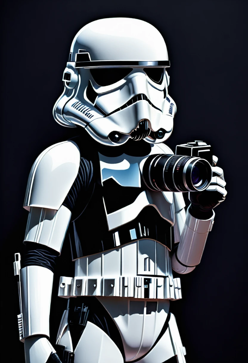 2D image, stormtrooper holding a photo camera, solid black background