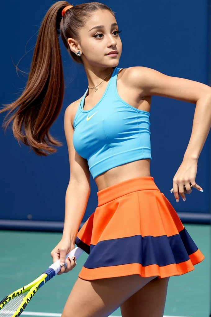 Ariana grande, wearing a short blue crop top and a short orange flared skirt, plays tennis