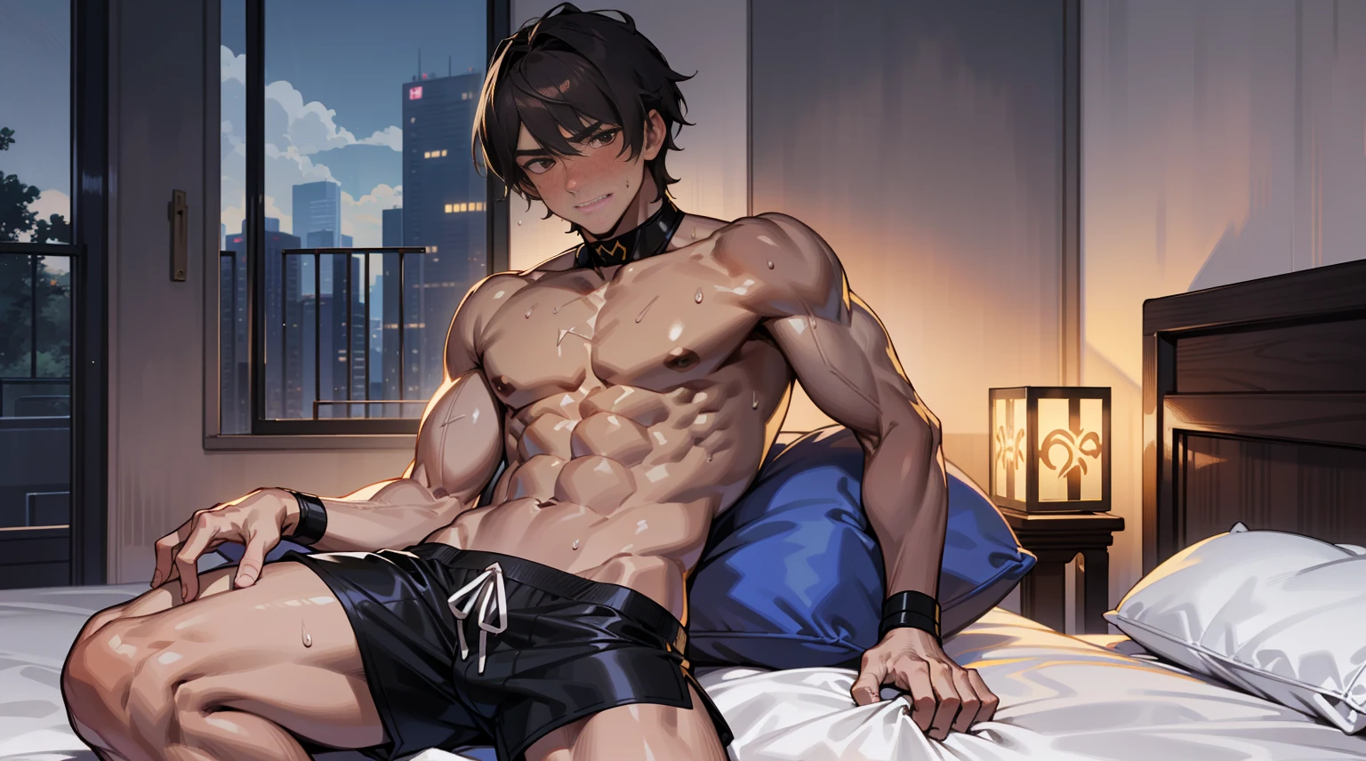 (best quality), [masterpiece], Sexy pose, (((blush)))4K, high quality, Divine Light, beautiful, Good lighting, Sexy, (best quality), [masterpiece], Sexy pose, (((blush)))4K, high quality, Divine Light, beautiful, Good lighting, Sexy, (absurdes, high resolution, Extremely detailed),1 man, Mature and handsome man, Blushing smile，Seductive expression, Solitary, muscular, Muscle Man, High target, handsome guy, Big biceps, Abdominal muscles, thigh, Broad shoulders, Open the chest,Big bulge, Black short hair,sweat, Sweaty hair, Shirtless, Sit on the bed and relax, Black shorts, Viewers Watching, high resolution:1.2, best quality, Upper body shooting, Flat style, Ambiguous room background, Low photographic angle, Volumetric Lighting, Depth of Field, shadow,Romantic environment, promote, Brown, Flash, Flash panties, debauchery, promote, Brown, Flash, Flash panties, debauchery