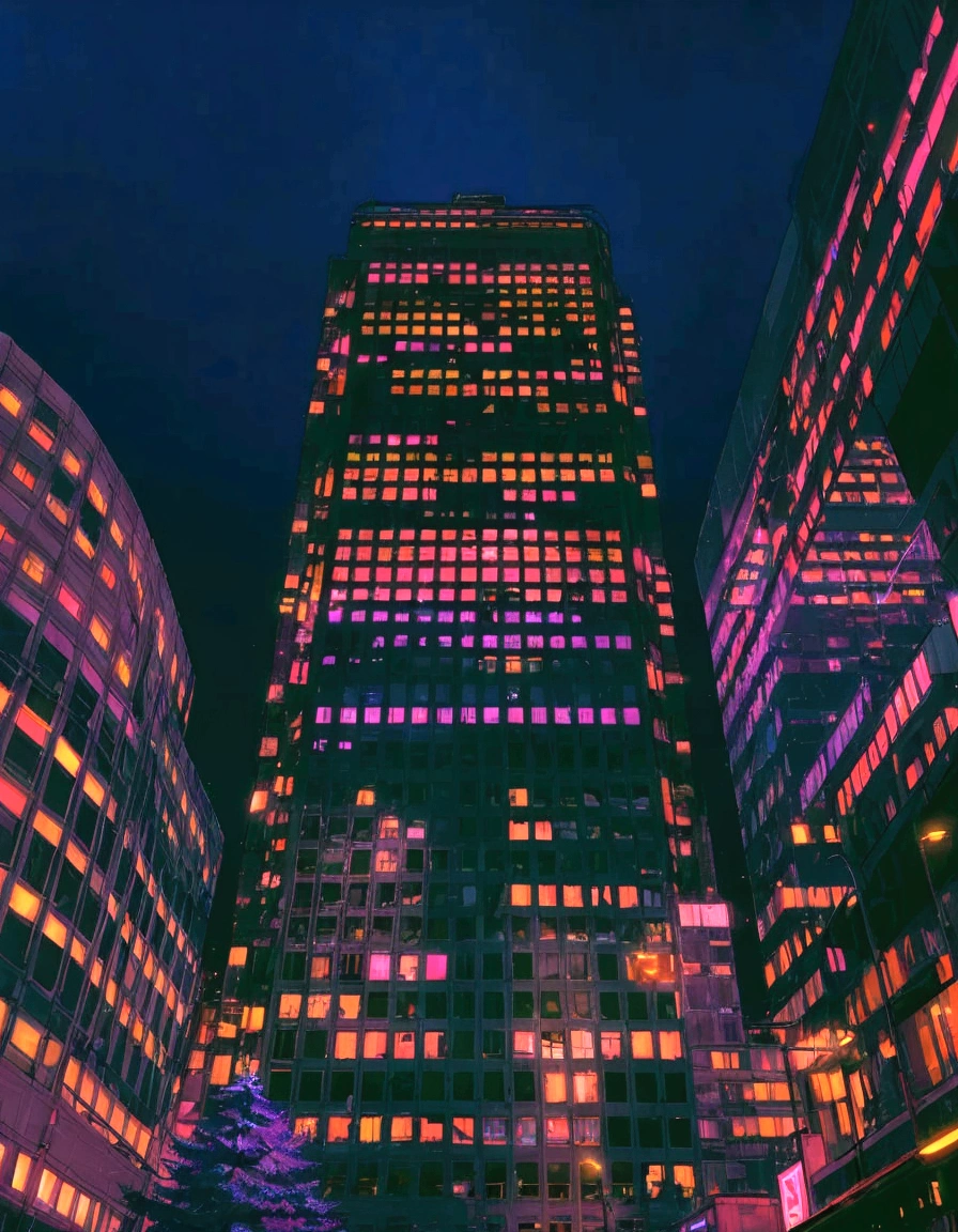 Custom image of city at night with Christmas tree, The buildings are beautifully lit, Nightlife buildings, Psychedelic architecture, Vibrant city lights, Vibrant cyberpunk colours, Cyberpunk building, Midnight neon city lights, Vibrant lights, Pizza skyscrapers, Neon city, Cyberpunk buildings, The colorful cyberpunk colors are dreamy, Texture city at night, With glowing windows, neon Vibrant cyberpunk colours