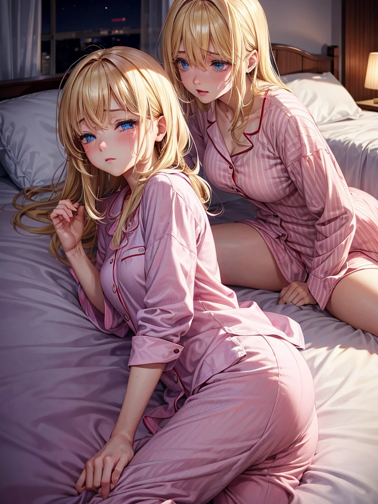an adult woman, Blonde, blue eyes, pink pajamas, in his bed about to sleep, with eyes closed and crying, in a night environment