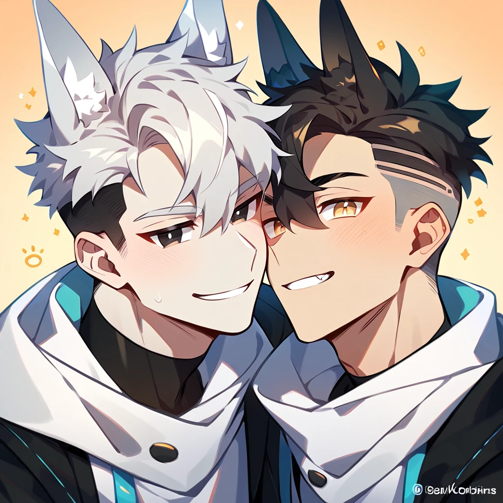 2 young men, focus man , Yaoi, pair,smile, short hair, silver blonde hair, golden eyes, Fox ears, black hair, Undercut style, black eyes , The best aesthetics , best quality, Amazing quality, The best aesthetics