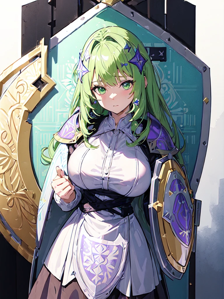 ((Large Shield Design:1.9))、An illustration、metallic material、Detailed engraving、Decorative pattern、Gold accents、Dark and gloomy atmosphere、Mystical symbols　and watercolor画, （Gradient braided hair, (Ink blotches:1.1), (pale:1.2),(Light purple:1.2),(Light green:1.2)）and wearing a maid outfit 　Mature face,tall, Wearing black tights,Green Eyes, The skin is hidden　and 1 female, Nervous,Cowboy Shot, sketch (Character design sheet, same characters, whole body, Three-View, front, ~ ~ ~ side, return),(Very bright:1.1), White Background, [1 Girl:7], (Tilt your head:1.2), ([sketch|watercolor \(Moderate\)]:1.15),Chaotic Abstract Background, Vector Trace, Gradient Blending, Bright colors, that&#39;wonderful, Very detailed, Complex, (Very low contrast:1.4）