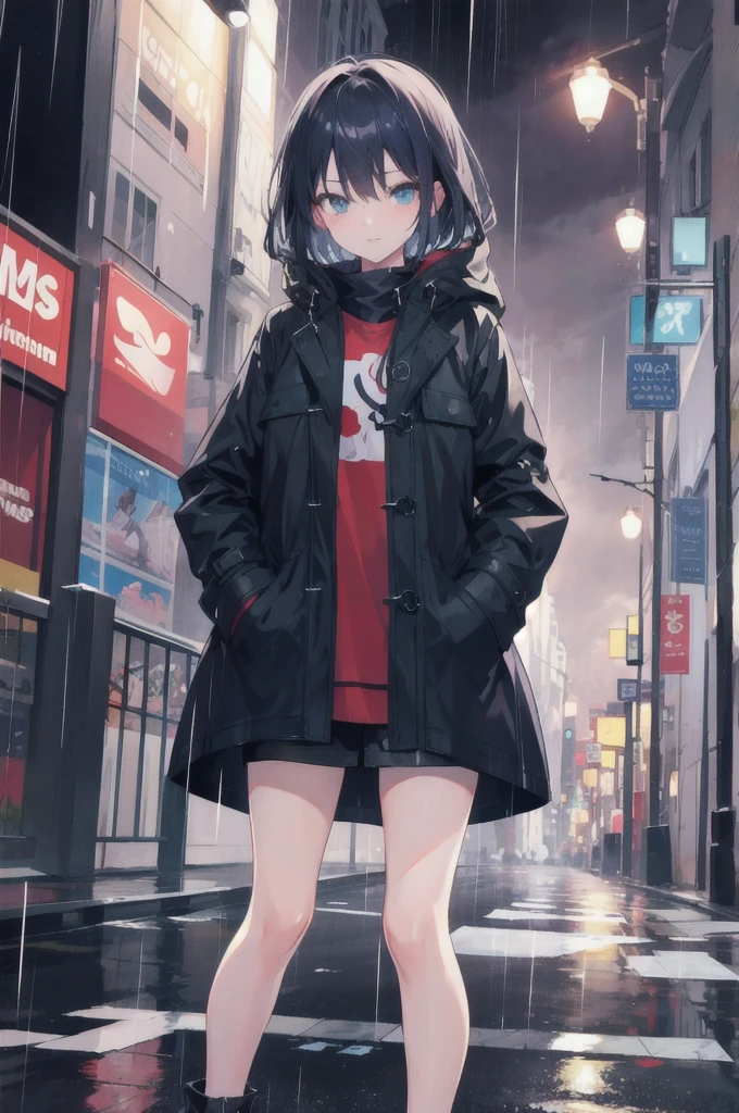 One girl,City of night,rain,coat,Put your hands in your pockets