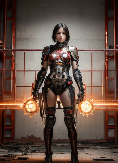 ((masterpiece, Highest quality, Best image quality, High resolution, Realistic, RAW Photos, 8K)), cyborg, Her body is covered in gears and red metal frameworks.. White Background, An empty laboratory, Dilapidated city,Angry expression、Full Body Shot