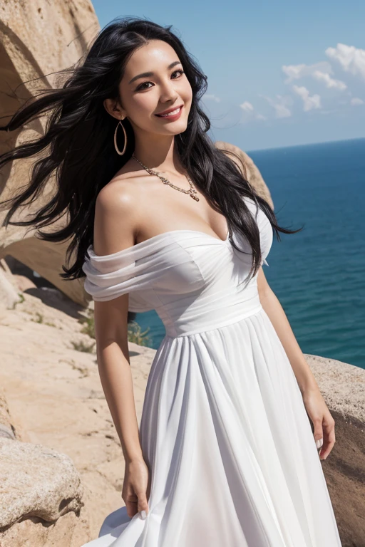 1girl, solo, black_hair, long_hair, realistic, smile, outdoors, dress, white Scarf, looking_at_viewer, breasts, sky, white_dress, jewelry, lips, day