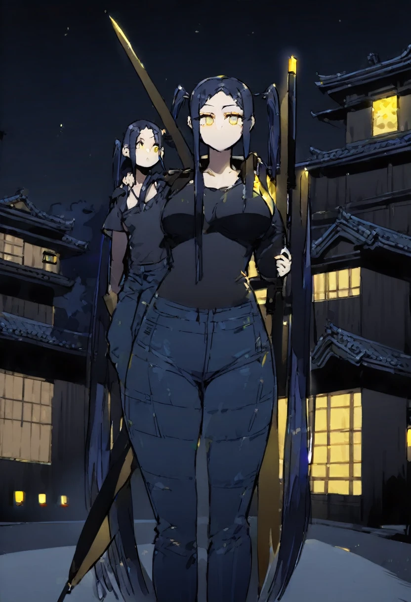 (One very tall woman,Dark navy blue hair,Her hairstyle is twin tails that expose her forehead.,Medium chest,yellow eyes)Black Techwear,Jeans pants,A tall woman carrying a long Japanese spear on her shoulder,Background is a Japanese mansion at night,Shading