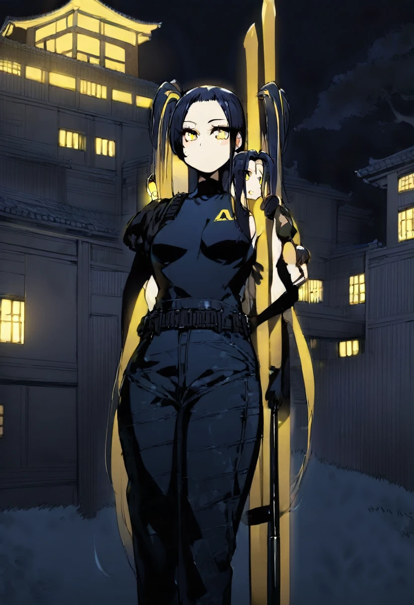 (One very tall woman,Dark navy blue hair,Her hairstyle is twin tails that expose her forehead.,Medium chest,yellow eyes)Black Techwear,Jeans pants,A tall woman carrying a long Japanese spear on her shoulder,Background is a Japanese mansion at night,Shading