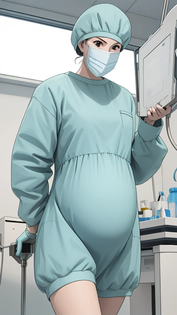 masterpiece, highest quality, source_anime, the view is turned slightly to the side, (RAW photo, best quality), 1girl, frown, pale skin, shy eyes, big breasts, big tits, pregnant, stand, natural lighting, solo, hospital, in the operating room, 
ray kasugano, pregnant with big belly, (give a score of 9_give a score of 8_give a score of 7) long sleeve Surgical dress, bouffant cap, cover the ears, surgical mask, long surgical gloves, 