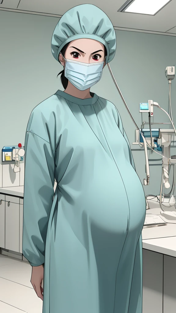 masterpiece, highest quality, source_anime, the view is turned slightly to the side, (RAW photo, best quality), 1girl, frown, pale skin, shy eyes, big breasts, big tits, pregnant, stand, natural lighting, solo, hospital, in the operating room, 
ray kasugano, pregnant with big belly, (give a score of 9_give a score of 8_give a score of 7) long sleeve Surgical dress, bouffant cap, cover the ears, surgical mask, long surgical gloves, 