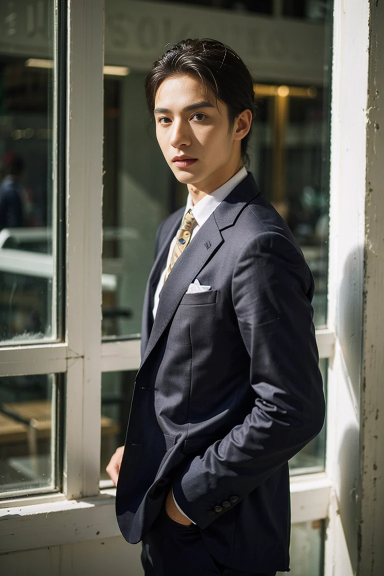 (Masterpiece, best quality:1.2), realistic photography handsome men, standing on the window