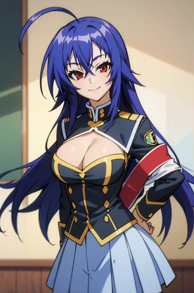 best quality, masterpiece, portrait, 1girl, kurokami medaka, red eyes, blue hair, long hair, ahoge, large breasts, , cleavage cutout, clothing cutout, pleated skirt, classroom, looking at viewer, smile,
