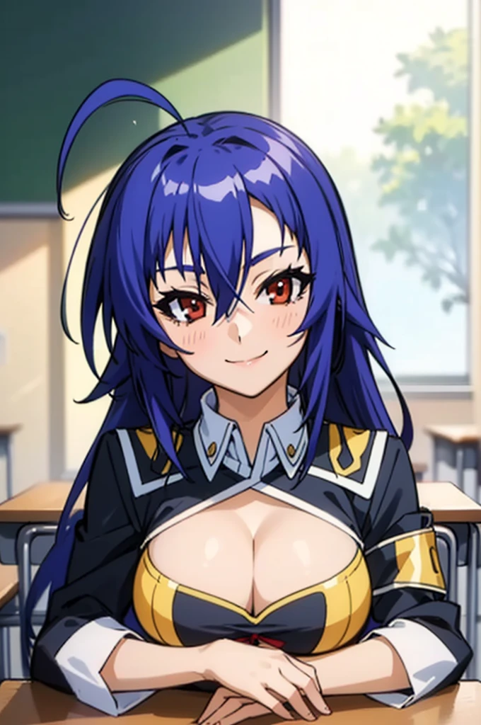 best quality, masterpiece, portrait, 1girl, kurokami medaka, red eyes, blue hair, long hair, ahoge, large breasts, , cleavage cutout, clothing cutout, pleated skirt, classroom, looking at viewer, smile,
