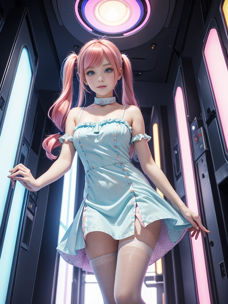Cute redhead, gravure Idol, with rainbow colored hair tips, ribbons in her hair, 18-year-old woman, happy, in twin tails, perfect symmetrical eyes, clear sparkling blue eyes, pale skin, silky smooth skin, standing on a fancy luxurious space ship, large futuristic corridor, control panels, wood trim, decorative plants, warm lighting, wearing a futuristic dress, pleated (chemise) mini dress (pastel rainbow colors, and polka dots), wearing full body pantyhose, cute short cut booties.