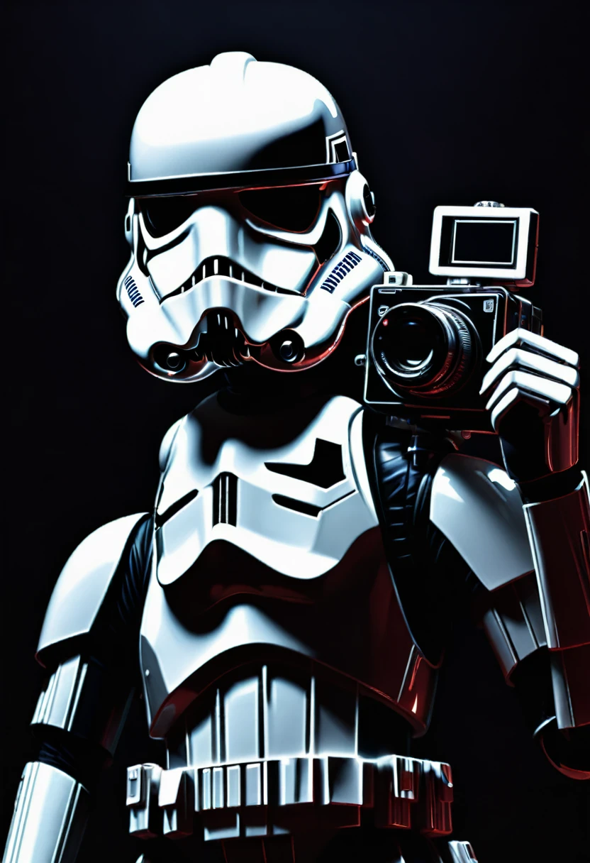 2D image, stormtrooper holding a photo camera, solid black background