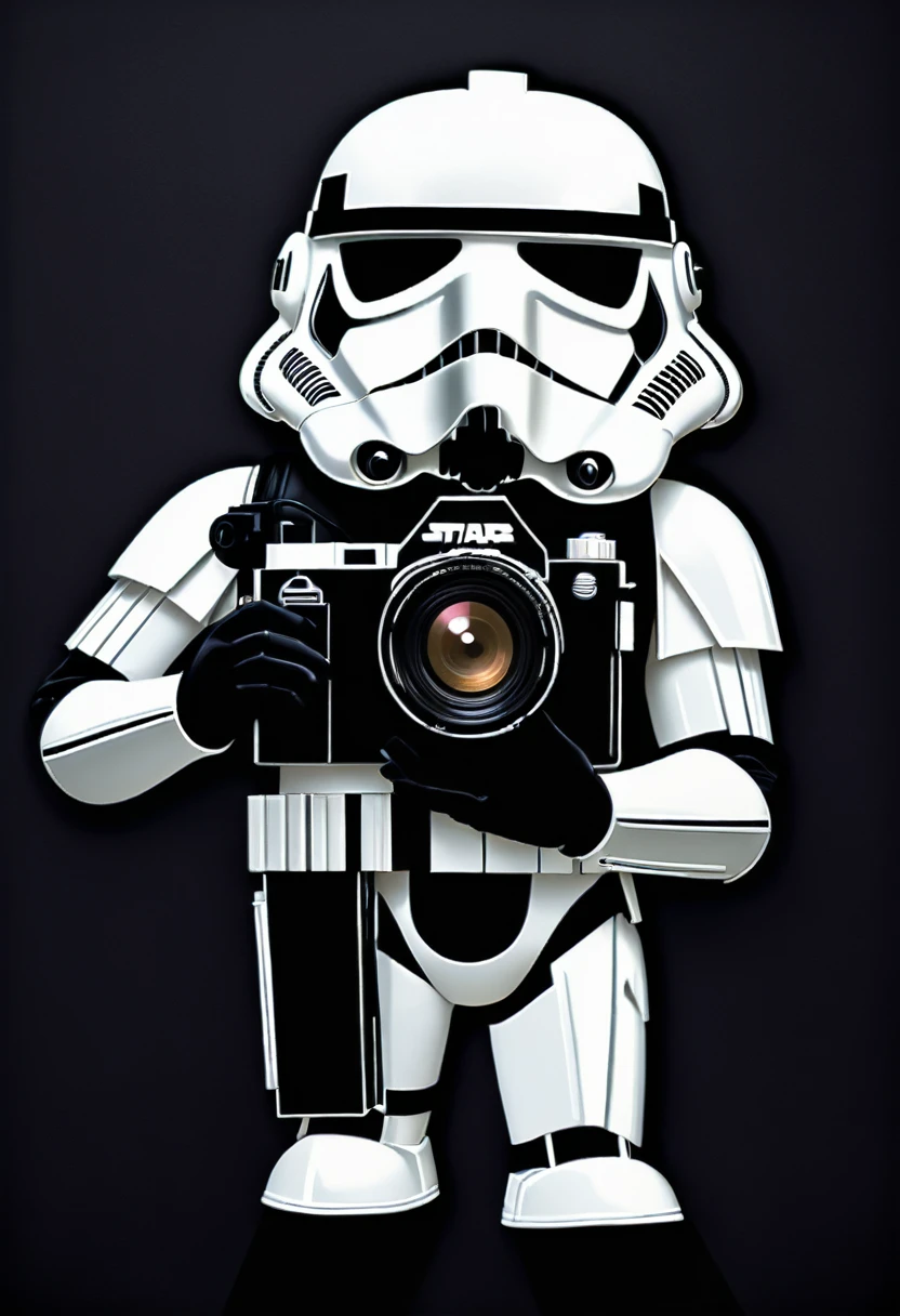 2D image, stormtrooper holding a photo camera, solid black background