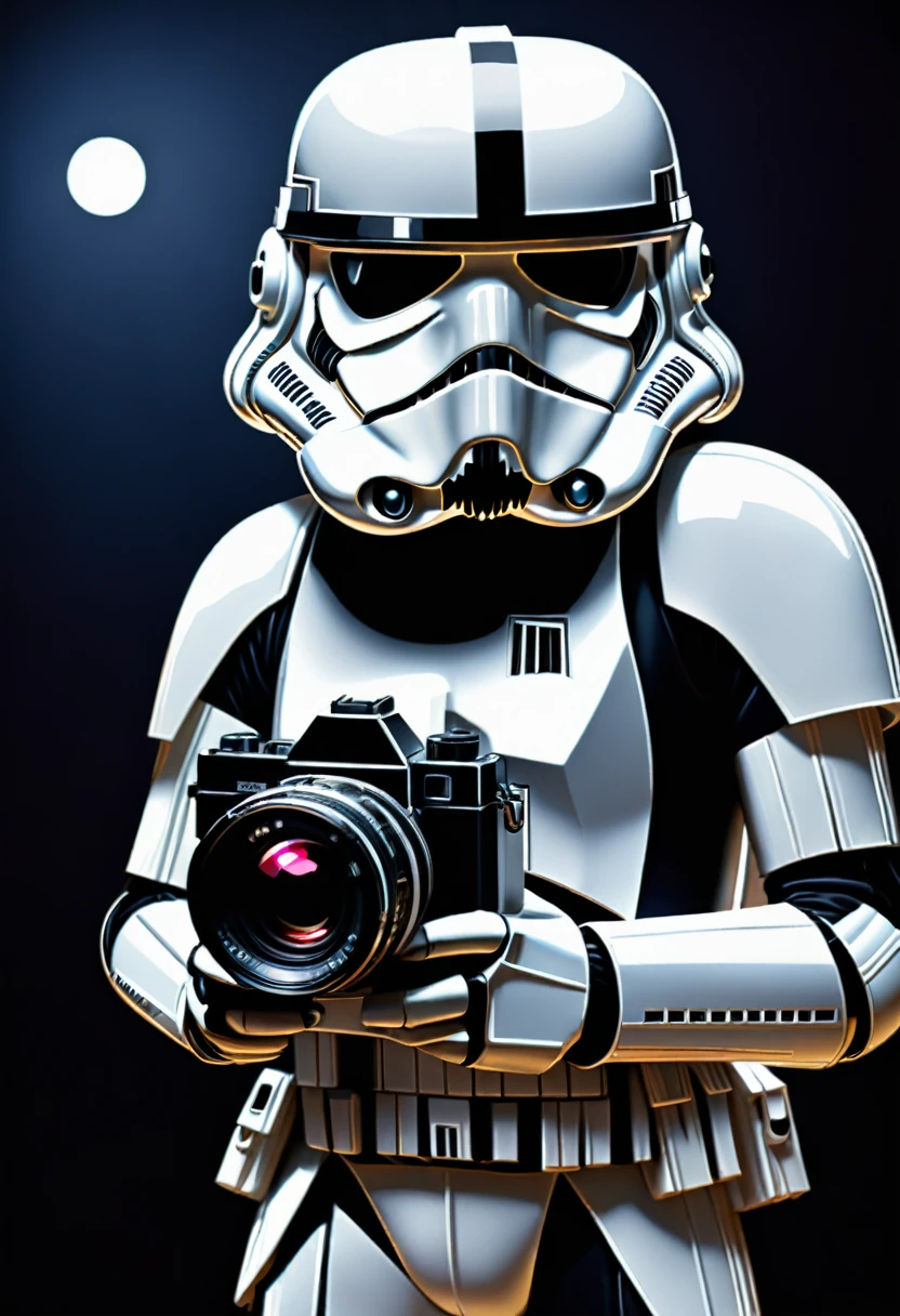 2D image, stormtrooper holding a photo camera, solid black background