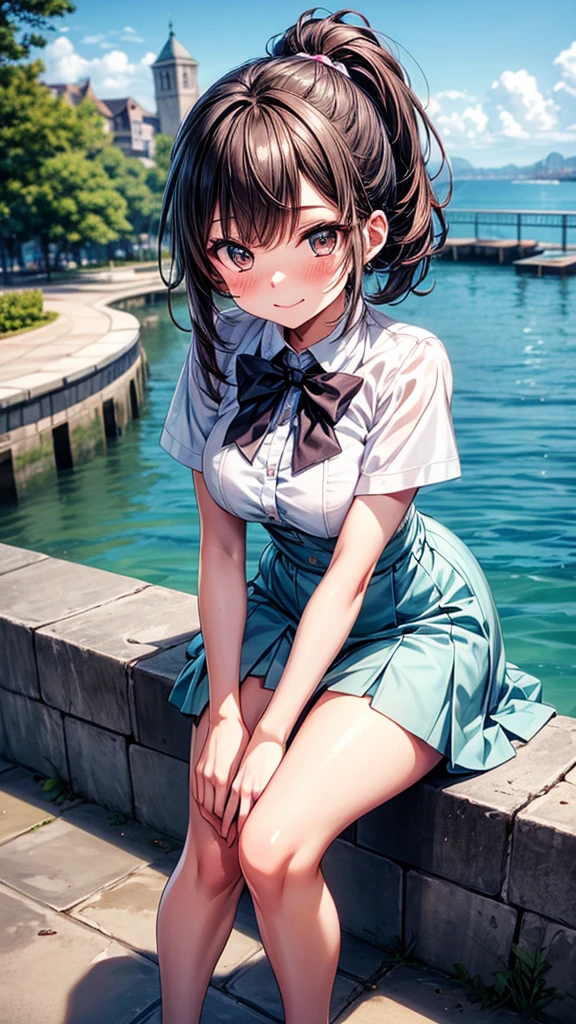 master piece, extremely detailed, high resolution, Haruba Negi style, girl, ponytail, brown hair, white short sleeve shirt, light blue bow tie, mid-bust, slim waist, diamond eyes, checkered mini skirt, crouched posture, smiling happily with closed mouth, glossy plump lips, pink lips, glossy hair, looking at camera, blushing and embarrassed, park with stone steps overlooking the sea in the background, port town visible, long bangs, brown eyes