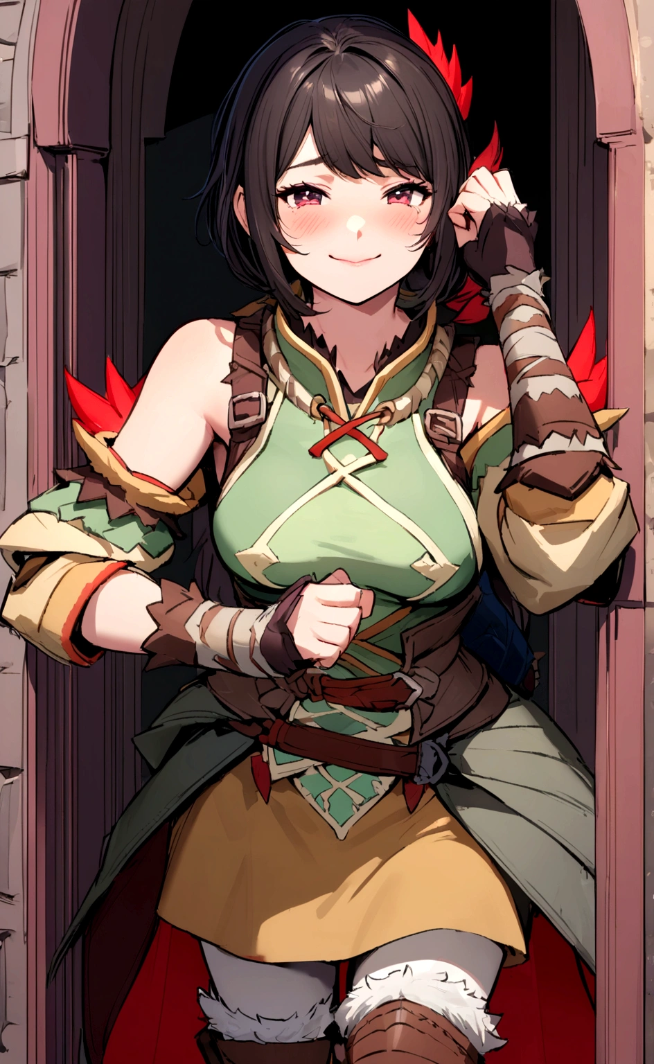 ((monsterhunter)), looking the viewer, solo, girl, shy, red cheek, bashful, embarrassed, smiling, happy, perfect face, beautiful eye, upper body