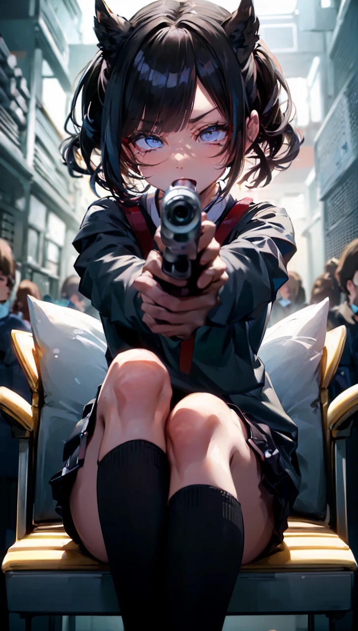holding a pistol ,1 person、No sleeve、Ahegao、ponytail、blonde、amount、Blue Leather Shirt、Sara、No sleeve、best quality, super fine illustration,(((beautiful fine hair))),(((beautiful fine face))),(((beautiful fine background))),blue-black leather pants, silver zipper,belt below the waist,super fine illustration,(((beautiful fine hair))),(((beautiful fine face))),(((beautiful fine background))),normal small size,bangs bangs ,(((beautiful fine hair))),(((beautiful fine face))),(((beautiful fine background))),blond hair , showing forehead, silver center zipper, leather blue black bodysuit, sleevelesblue blacks, shiny, blonde ponytail