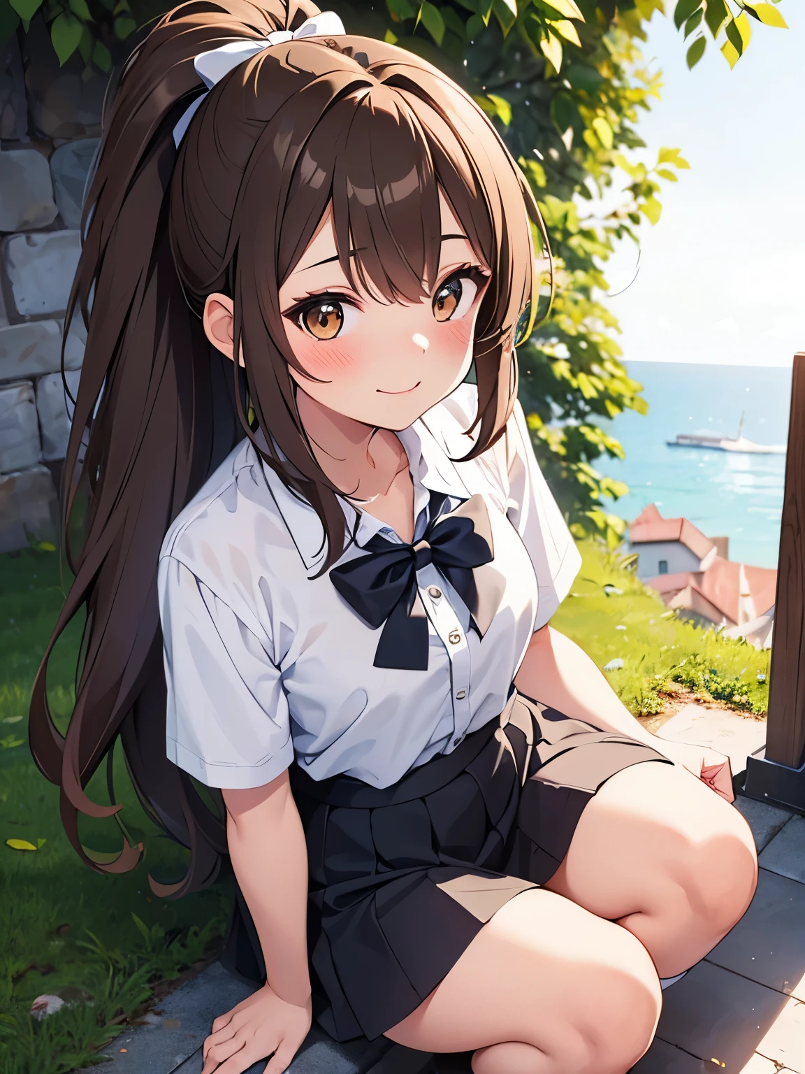 master piece, extremely detailed, high resolution, Haruba Negi style, girl, ponytail, brown hair, white short sleeve shirt, light blue bow tie, mid-bust, slim waist, diamond eyes, checkered mini skirt, crouched posture, smiling happily with closed mouth, glossy plump lips, pink lips, glossy hair, looking at camera, blushing and embarrassed, park with stone steps overlooking the sea in the background, port town visible, long bangs, brown eyes