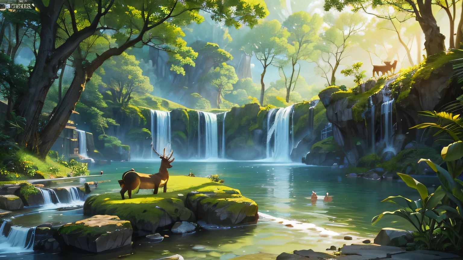Chinese ancient times, spring, jungle, lake, cave, waterfall, tree, meadow, rock, deer, hot spring, water steam, (illustration: 1.0), epic composition, realistic lighting, high definition details, Masterpiece, Best Quality, (Highly detailed 8k unified CG wallpaper)