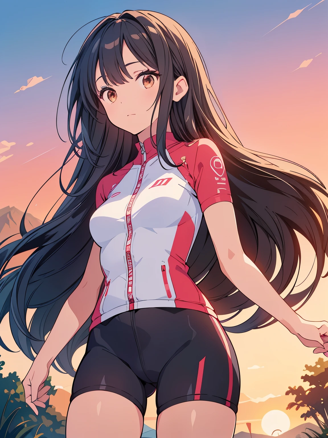 ( highres, ultra detailed, realistic, )(Anatomically correct）, 1 girl,long black hair, 20-years-old，pink cycling wear, half cycling pants, standing on the grass, brown eyes looking at viewer, day, mountain road background, ultra - detailed, best quality, Detailed diagram, vectorized, 8K, Graphic design, vector lines, Full-HD,Looking up, cowboy shot

