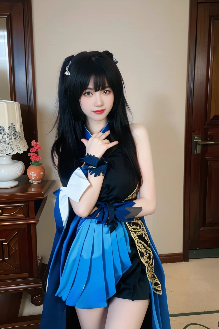 best quality, tmasterpiece,Ultra-high resolution,Clear face,(Reality:1.4),ferpect lighting,upper body photo:1.3), (photorealistic:1.50), anime wallpaper, Guviz style artwork, cover-up fantasy up to magic , by Yang J, Guviz, beautiful artwork illustration, beautiful digital artwork, beautiful digital illustration, Li Song, beautiful anime portrait, art style in Beauvot, 1girl, 独奏, looking at viewer, smiling, closed mouth, bangs, hair between eyes, keqing cosplay costume, chinese dress, chinese clothing, cosplay, dress, gloves, elbow gloves, hair decoration, jewelry, high heels, indoor, In the room, Hallway, Door, standing,