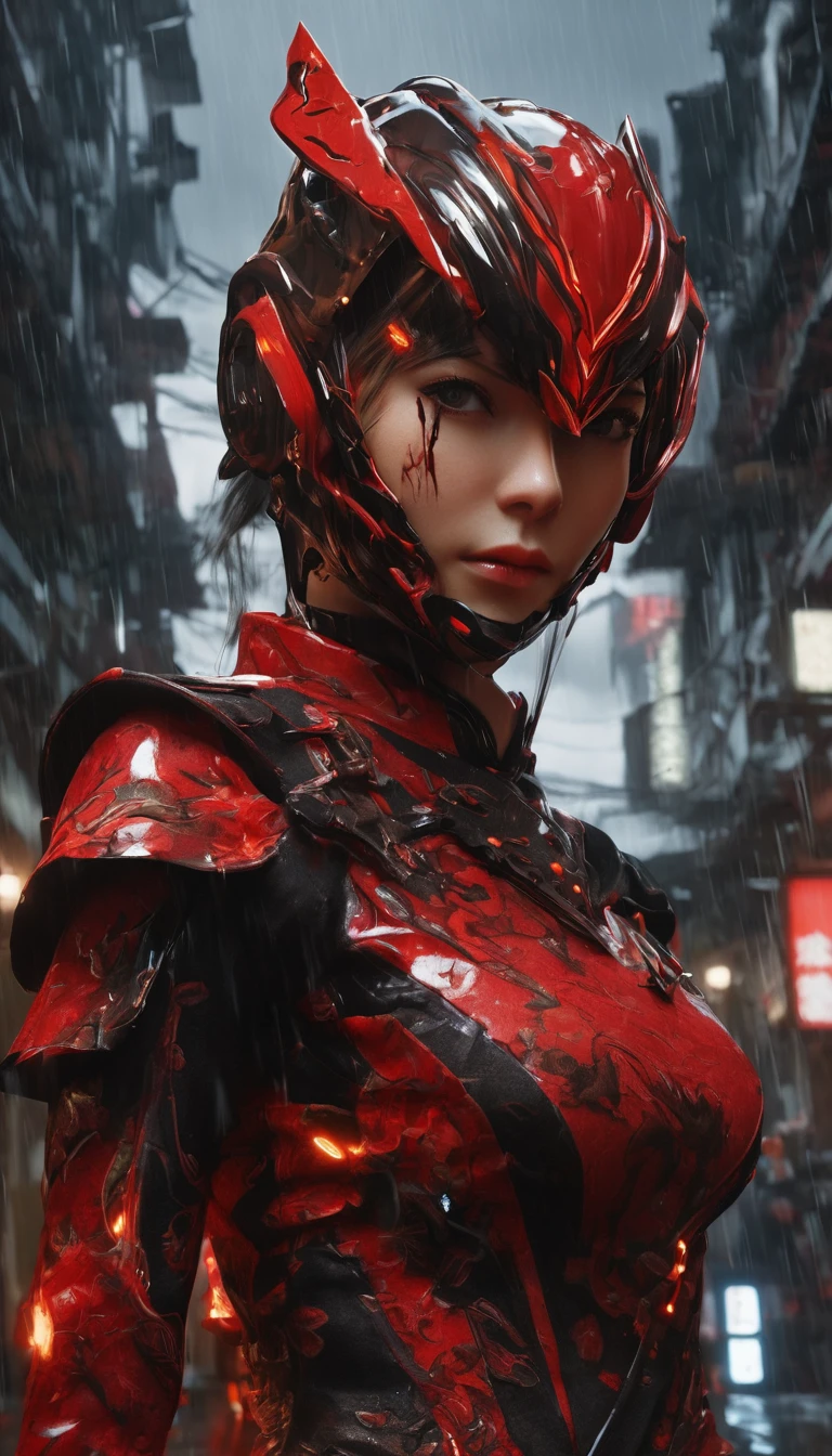 1 japanese girl, WARFRAME, intricate pattern, heavy metal, energy lines, face, glowing eyes, elegant, intense, blood red and black uniform, solo, modern, city, streets, dark clouds, thunderstorm, heavy rain,, dramatic lighting,, (masterpiece:1.2), best quality, high resolution, beautiful detailed, extremely detailed, perfect lighting,