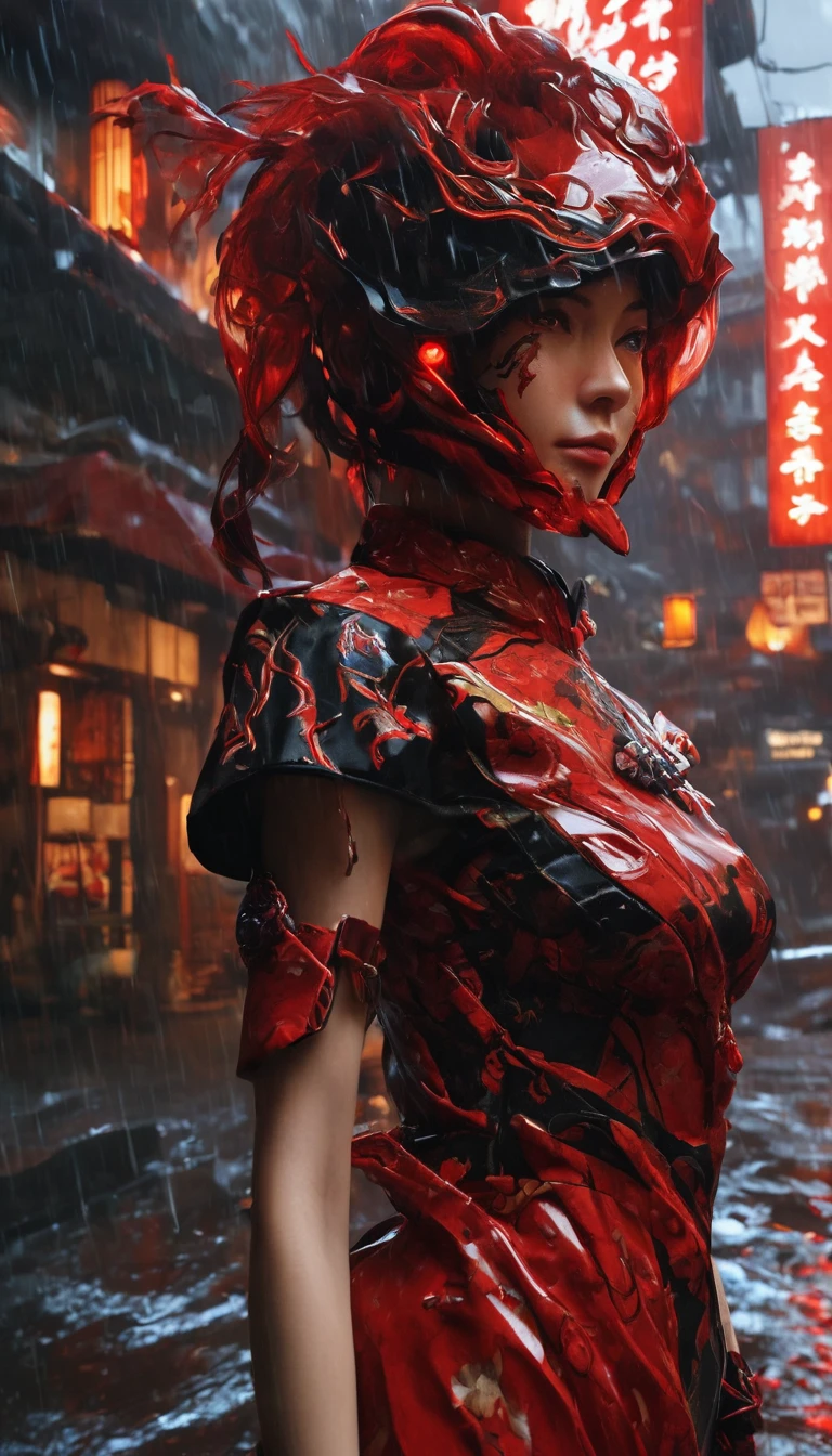 1 japanese girl, WARFRAME, intricate pattern, heavy metal, energy lines, face, glowing eyes, elegant, intense, blood red and black uniform, solo, modern, city, streets, dark clouds, thunderstorm, heavy rain,, dramatic lighting,, (masterpiece:1.2), best quality, high resolution, beautiful detailed, extremely detailed, perfect lighting,