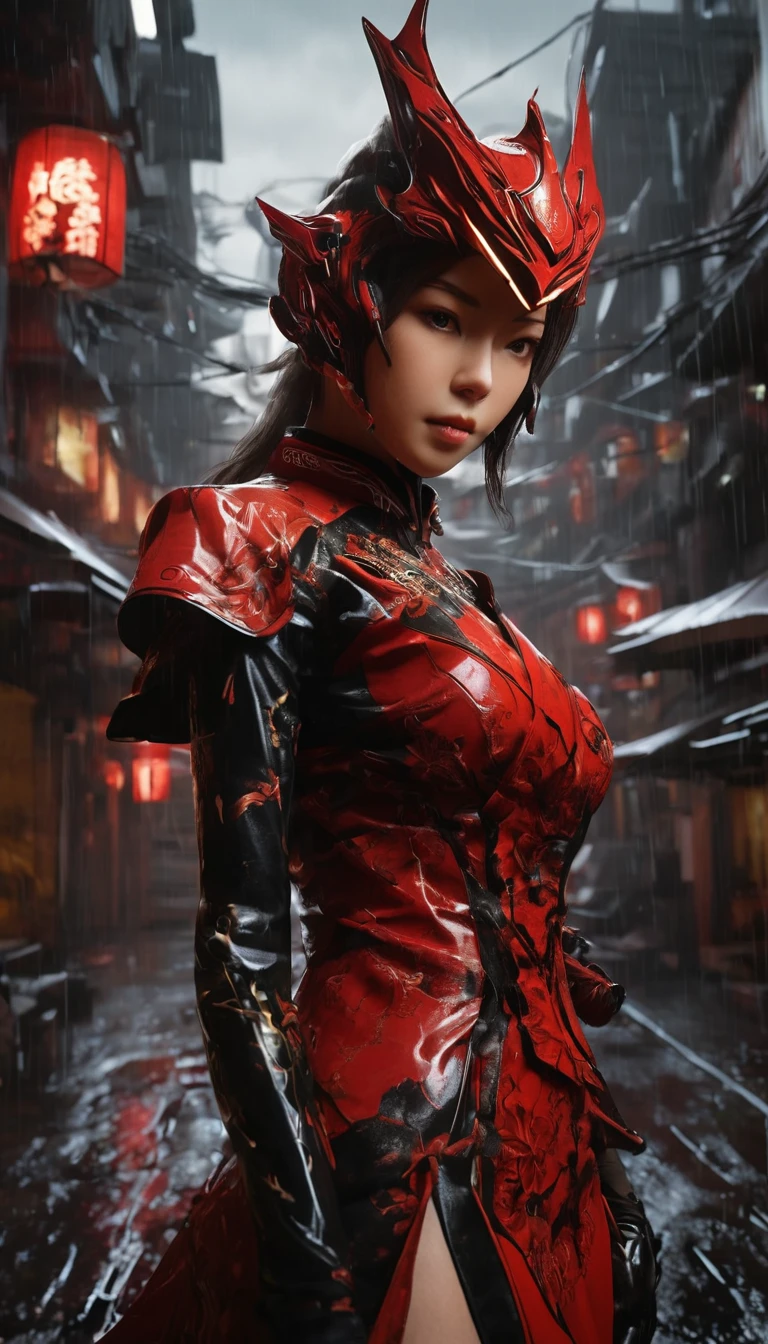 1 japanese girl, WARFRAME, intricate pattern, heavy metal, energy lines, face, glowing eyes, elegant, intense, blood red and black uniform, solo, modern, city, streets, dark clouds, thunderstorm, heavy rain,, dramatic lighting,, (masterpiece:1.2), best quality, high resolution, beautiful detailed, extremely detailed, perfect lighting,