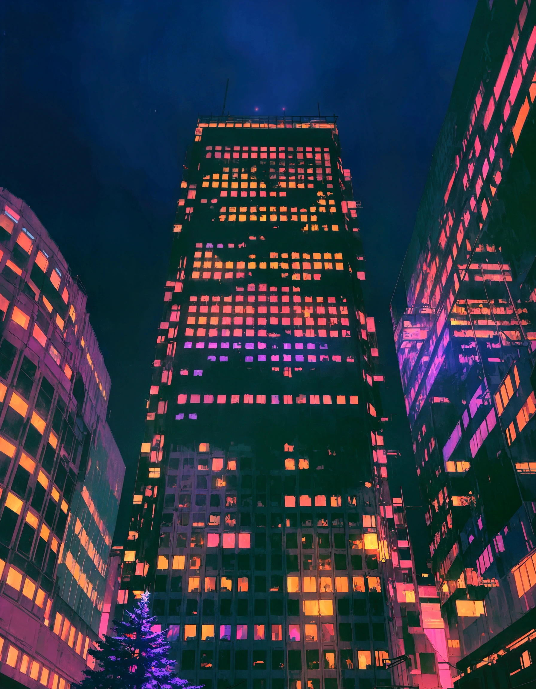 Custom image of city at night with Christmas tree, The buildings are beautifully lit, Nightlife buildings, Psychedelic architecture, Vibrant city lights, Vibrant cyberpunk colours, Cyberpunk building, Midnight neon city lights, Vibrant lights, Pizza skyscrapers, Neon city, Cyberpunk buildings, The colorful cyberpunk colors are dreamy, Texture city at night, With glowing windows, neon Vibrant cyberpunk colours