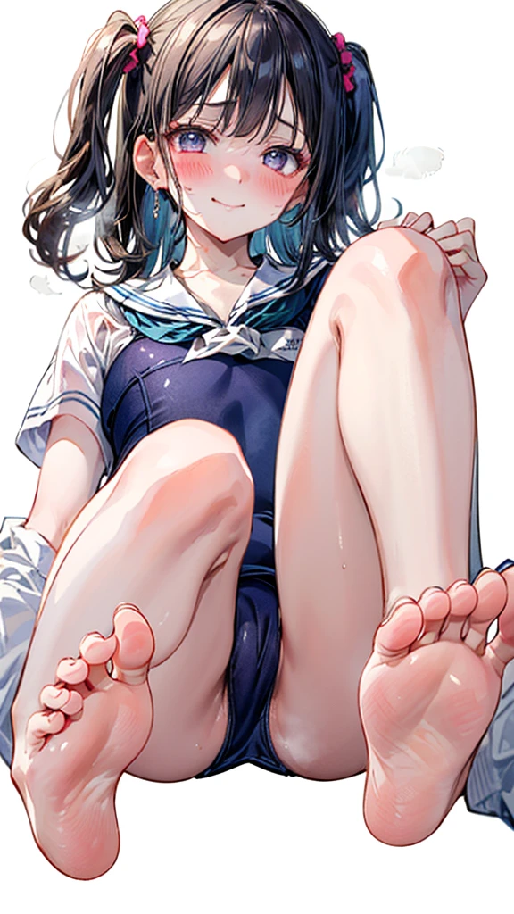 (Best quality, 8k, 32k, Masterpiece, UHD,:1.2),RAW, 1girl,ultra cute , natural lighting,transparent shining eyes, 20yo ,fair complexion, (( school swimsuit)), Closeup shot, wedgie, shy smiling, medium hair, (ecstasy:1.3) ,(slut:1.2), (vulgarity:1.3), (fucked silly:1.1),(steam:1.1),(wet:0.8),(trembling:0.8),(tears:0.7) ,(drooling:0.6),(sweat:0.8), embarrassed, blush,, ((White Background)), From Below, legs up,, bare foot