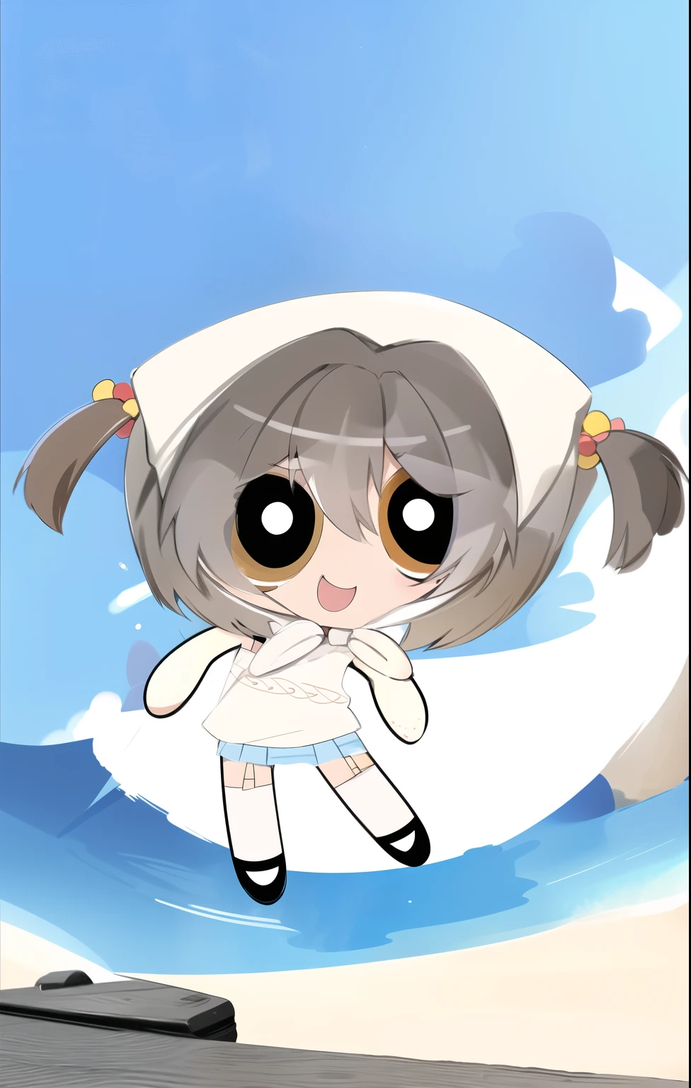brown hair, short twintail, cute smile, cute eyes, chibi, 1girl, brown eyes, black Singlet, light blue skirt, ocean beach background,
